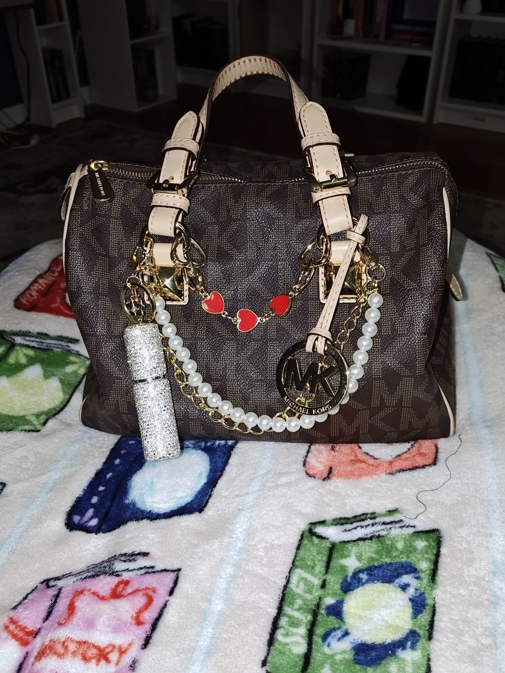 Michael Kors Brown Signature Satchel with Cream Handles